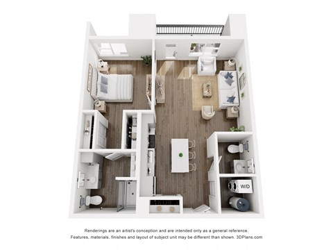 Floor plan for 1 bed, 1.5 baths, 910 sqft